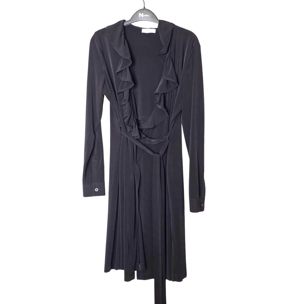 Calvin Klein Black Ruffle Wrap Dress Long Sleeve Tie Waist Midi